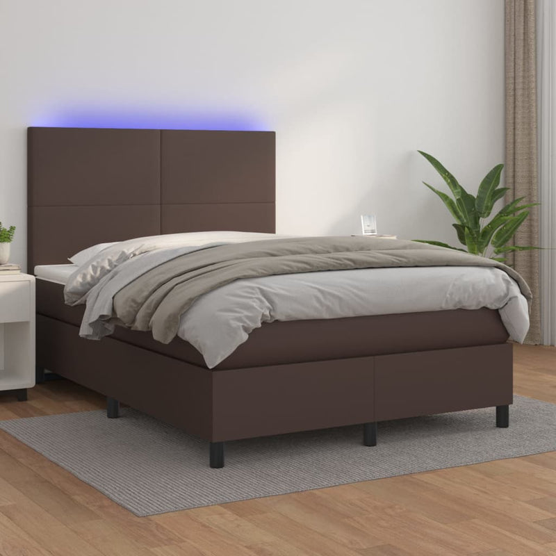 Boxspring met matras en LED kunstleer bruin 140x200 cm