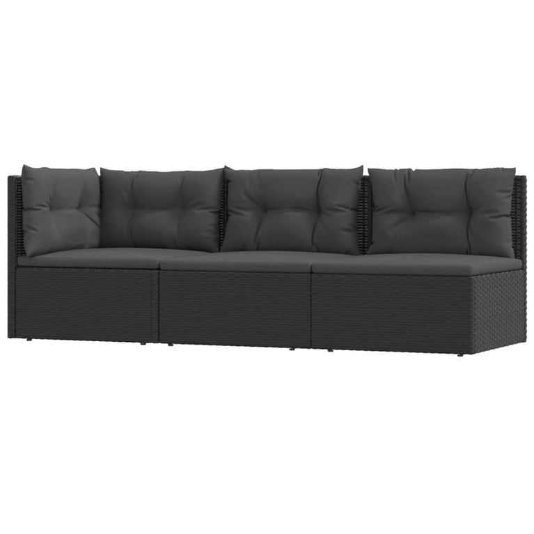 3-delige Loungeset met kussens poly rattan zwart