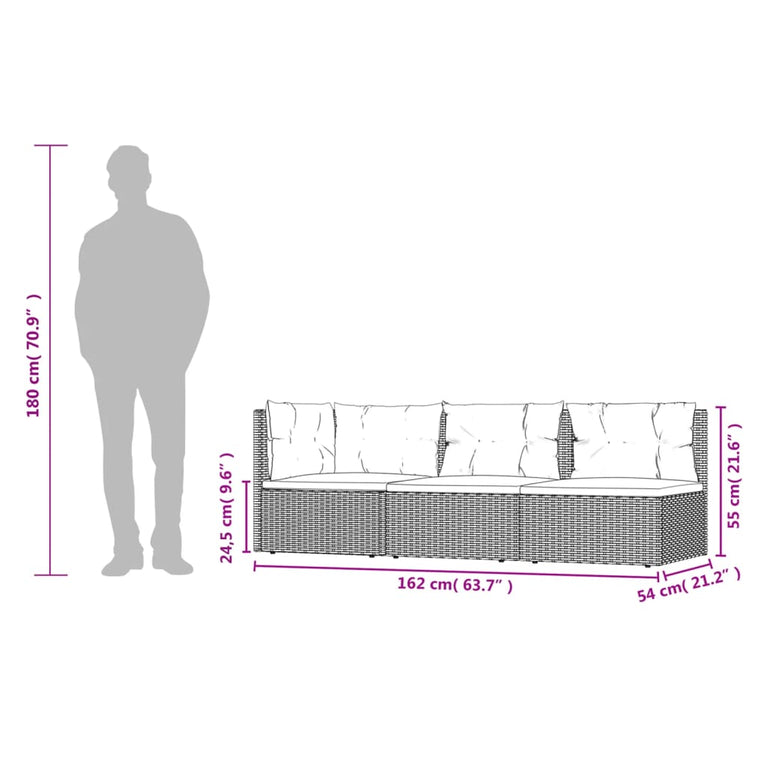 3-delige Loungeset met kussens poly rattan zwart