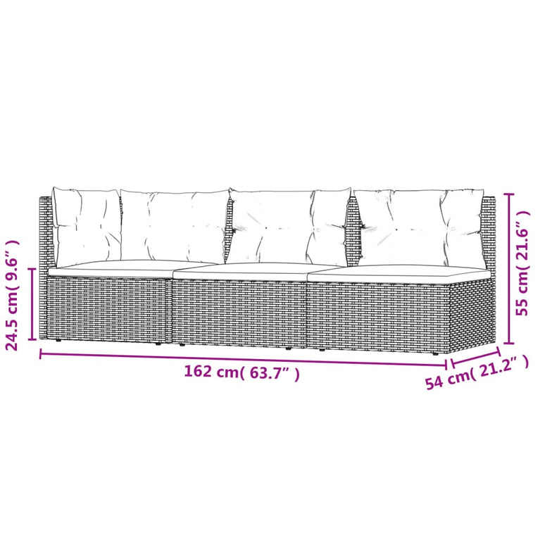 3-delige Loungeset met kussens poly rattan zwart