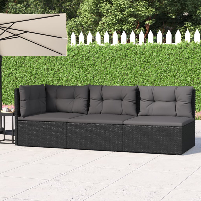 3-delige Loungeset met kussens poly rattan zwart