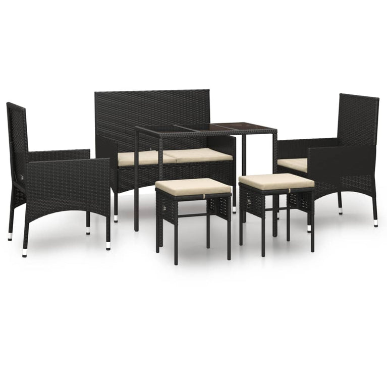 6-delige Loungeset met kussens poly rattan zwart