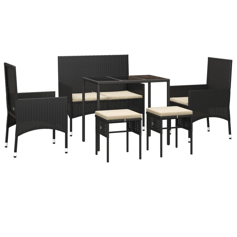 6-delige Loungeset met kussens poly rattan zwart