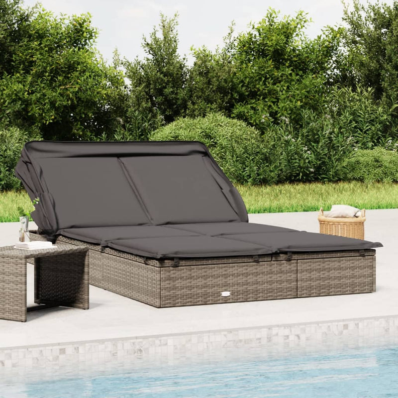 Ligbed 2-persoons met dak 213x118x97 cm poly rattan grijs