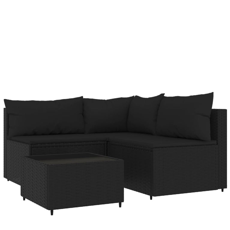 4-delige Loungeset met kussens poly rattan zwart