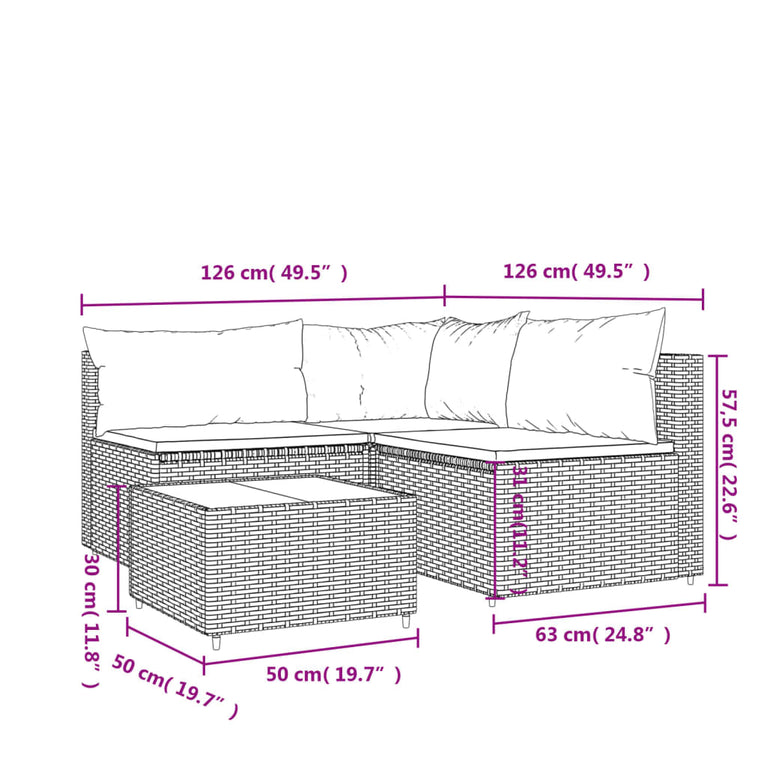 4-delige Loungeset met kussens poly rattan zwart