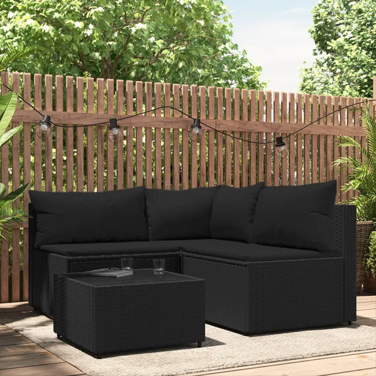 4-delige Loungeset met kussens poly rattan zwart