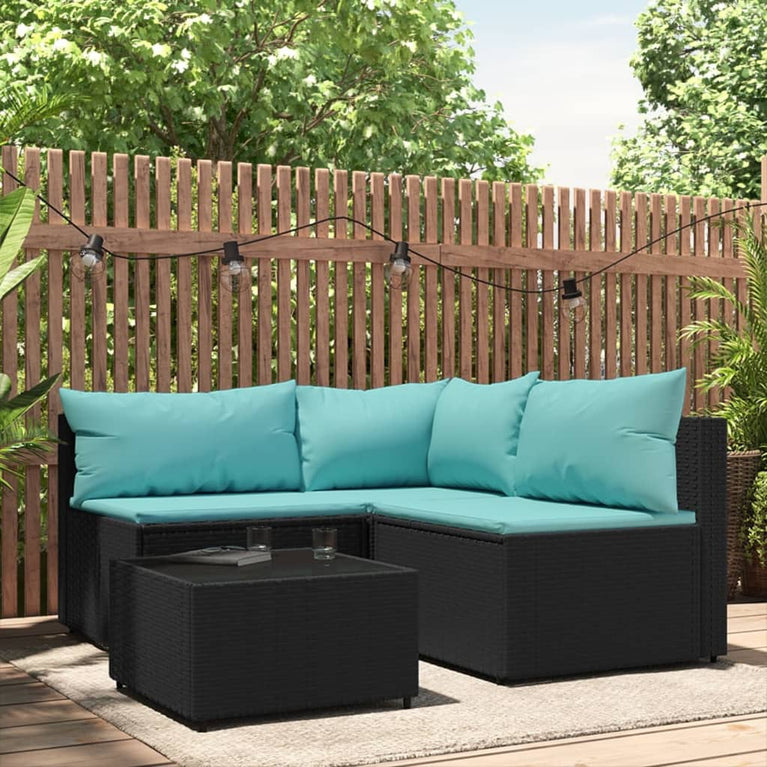 4-delige Loungeset met kussens poly rattan zwart