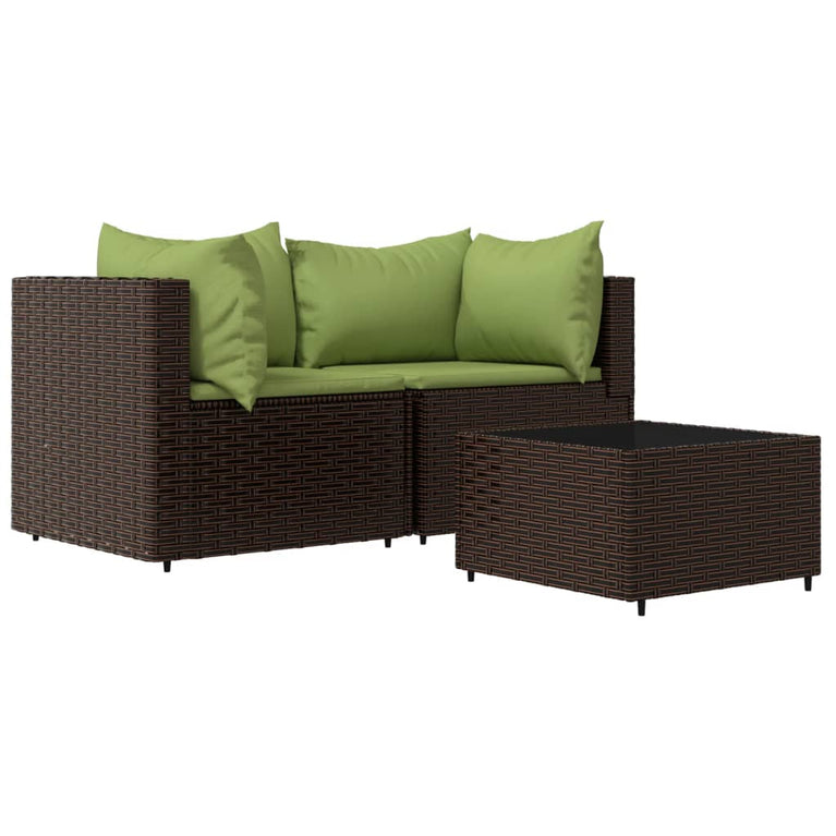 3-delige Loungeset met kussens poly rattan bruin