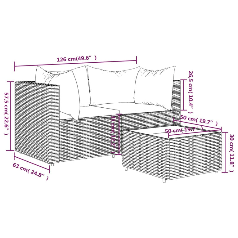 3-delige Loungeset met kussens poly rattan bruin