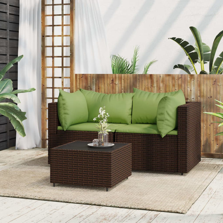 3-delige Loungeset met kussens poly rattan bruin