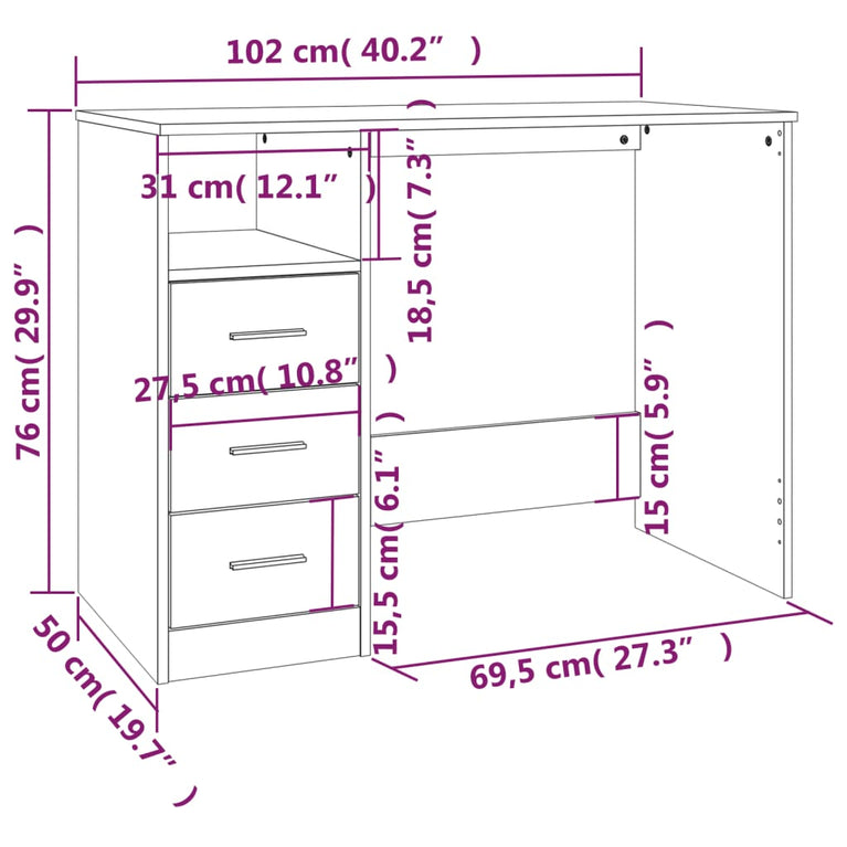 Bureau met lades 102x50x76 cm bewerkt hout hoogglans wit