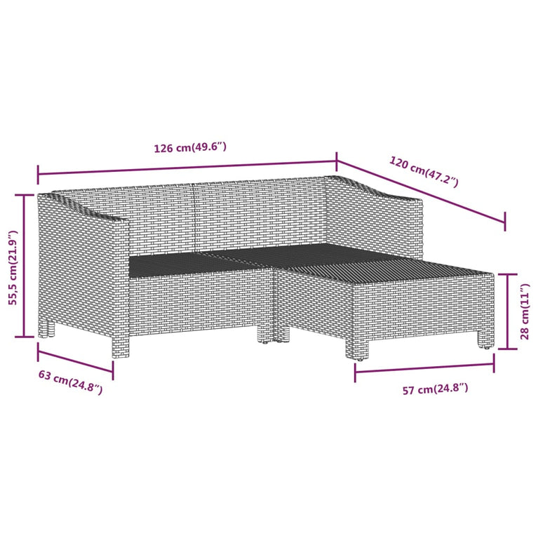 3-delige Loungeset met kussens poly rattan grijs