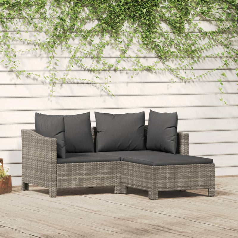 3-delige Loungeset met kussens poly rattan grijs
