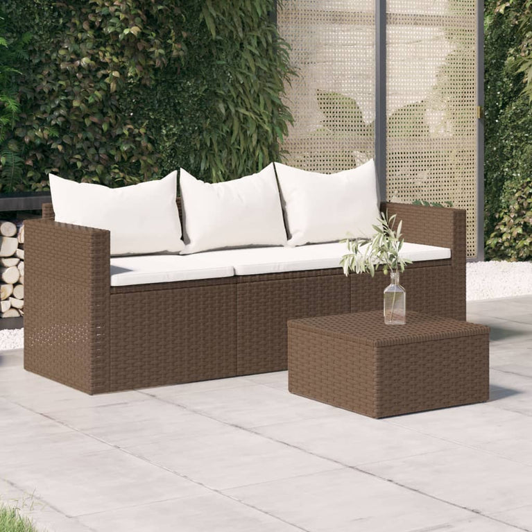 Tuinbank 3-zits met kussens poly rattan bruin