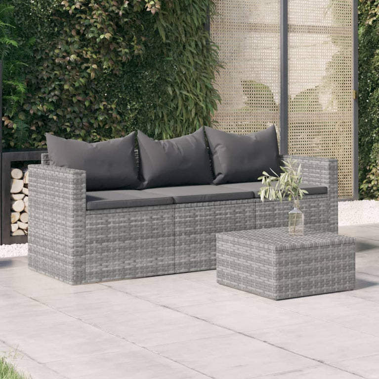 Tuinbank 3-zits met kussens poly rattan grijs