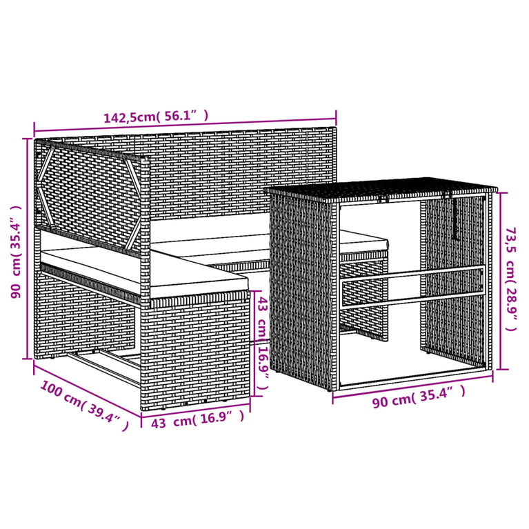 Tuinbank met tafel en kussens L-vormig poly rattan zwart