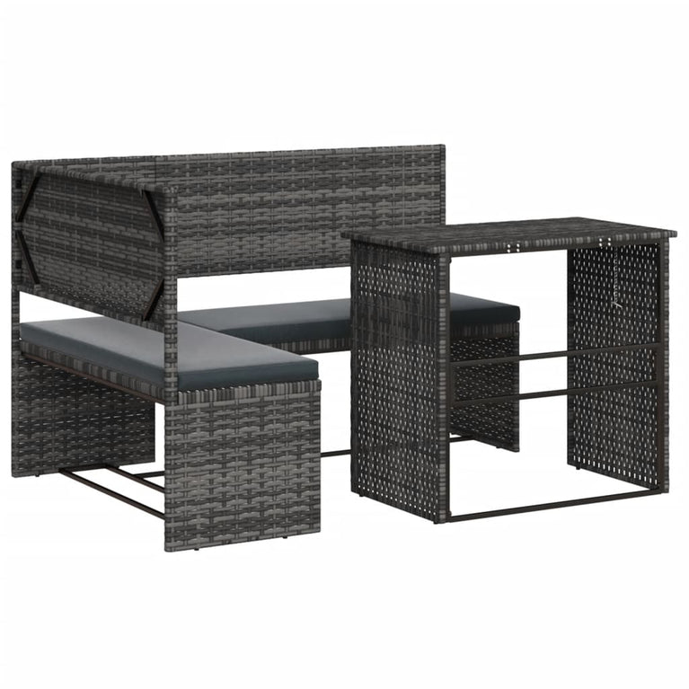 Tuinbank met tafel en kussens L-vormig poly rattan grijs