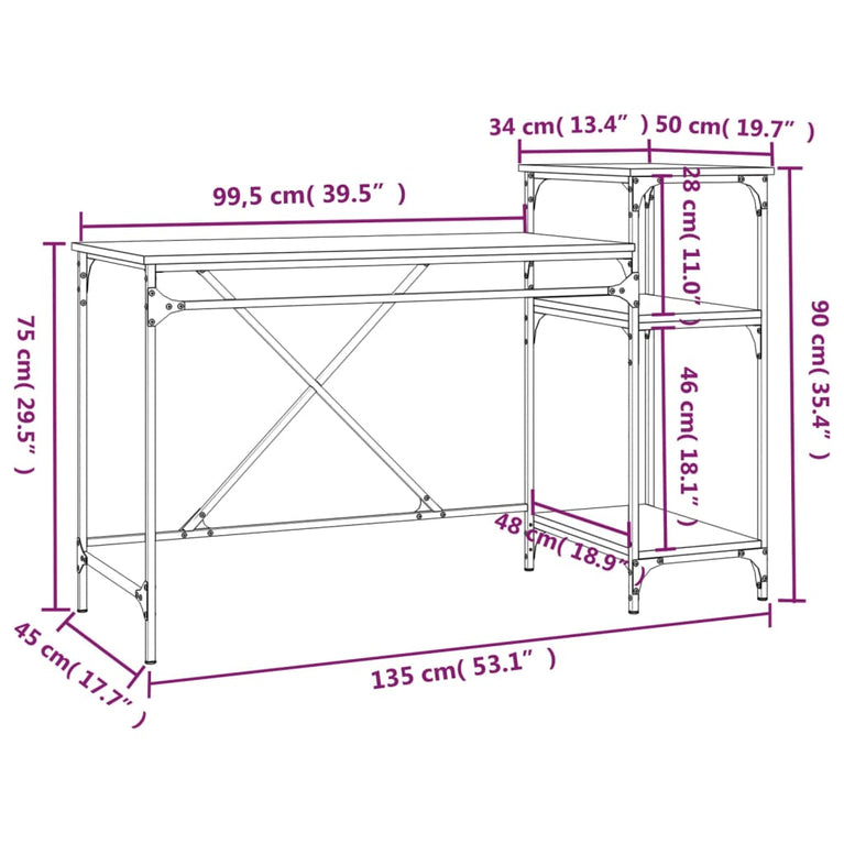 Bureau met schappen 135x50x90 cm bewerkt hout en ijzer zwart