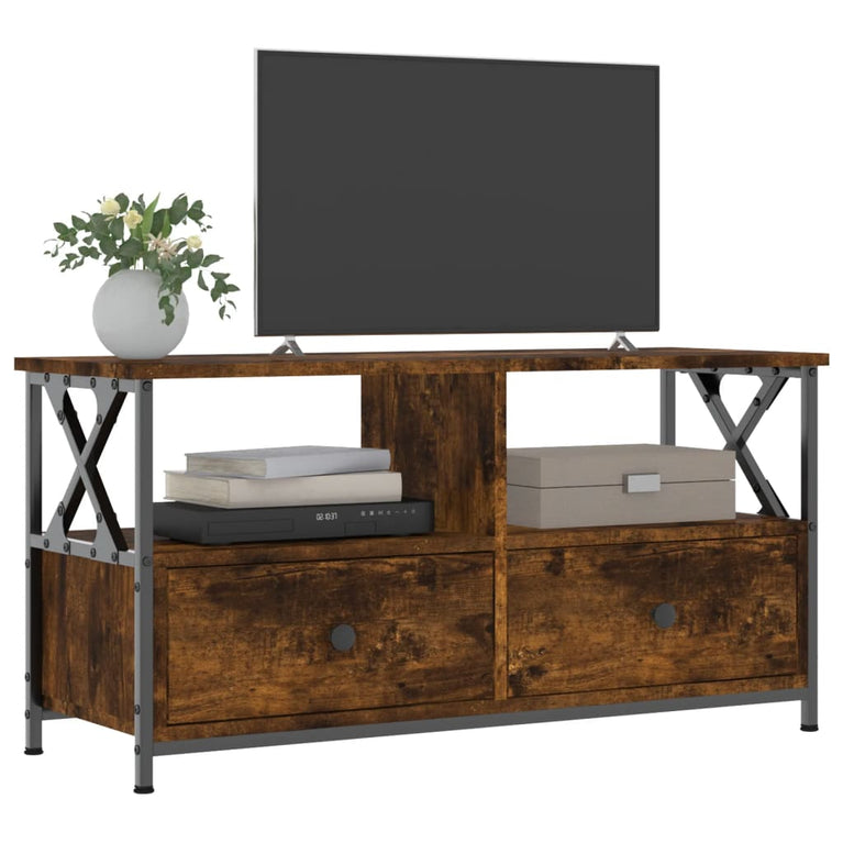 Tv-meubel 90x33x45 cm bewerkt hout en ijzer gerookt eikenkleur