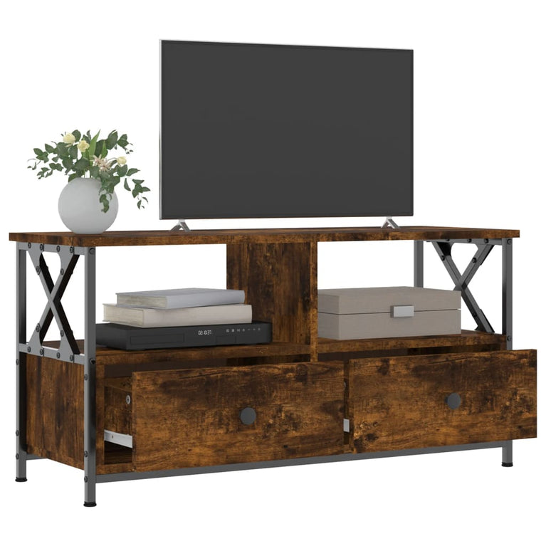 Tv-meubel 90x33x45 cm bewerkt hout en ijzer gerookt eikenkleur