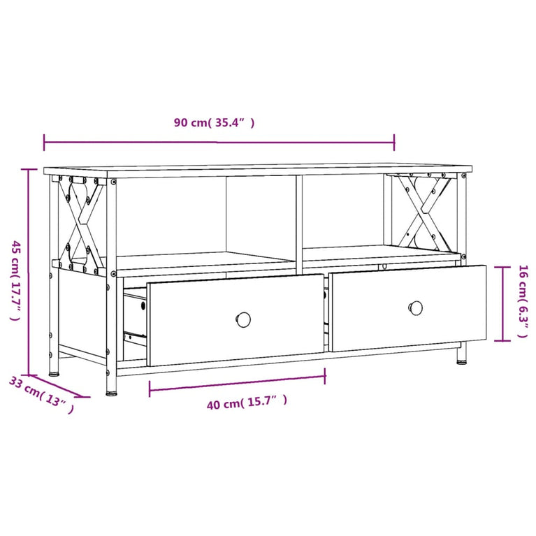 Tv-meubel 90x33x45 cm bewerkt hout en ijzer gerookt eikenkleur