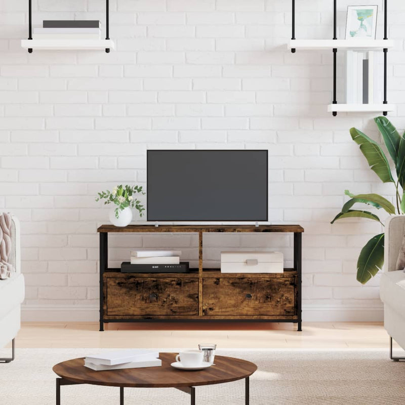 Tv-meubel 90x33x45 cm bewerkt hout en ijzer gerookt eikenkleur