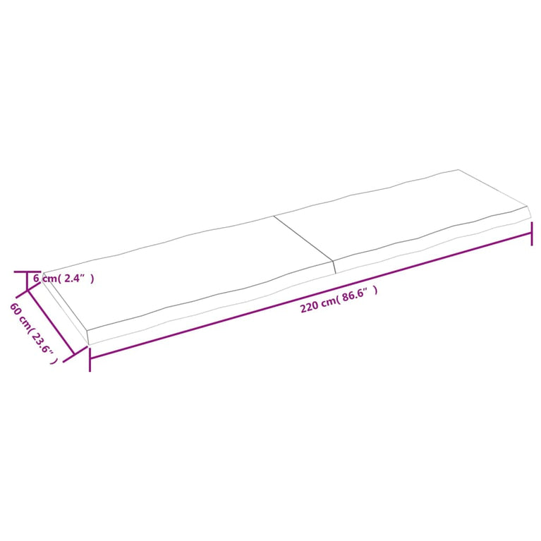 Tafelblad natuurlijke rand 220x60x6 cm eikenhout lichtbruin