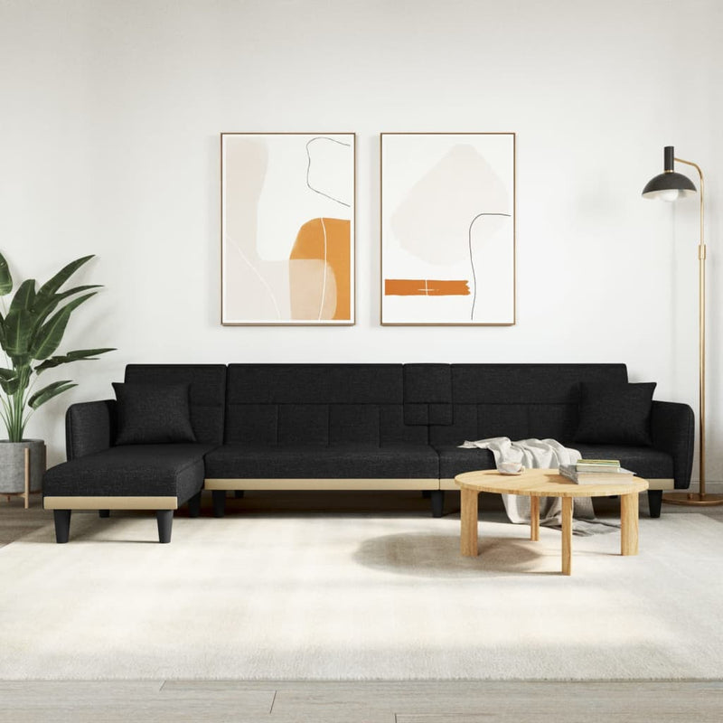 Slaapbank L-vormig 275x140x70 cm stof zwart