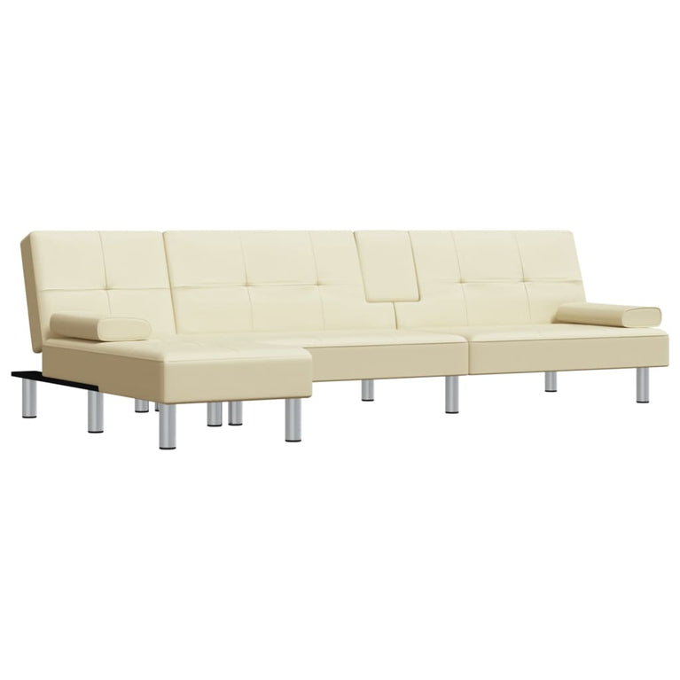 Slaapbank L-vormig 255x140x70 cm kunstleer crèmekleurig