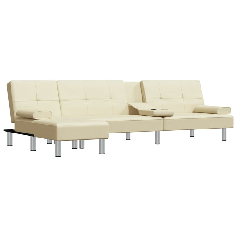 Slaapbank L-vormig 255x140x70 cm kunstleer crèmekleurig