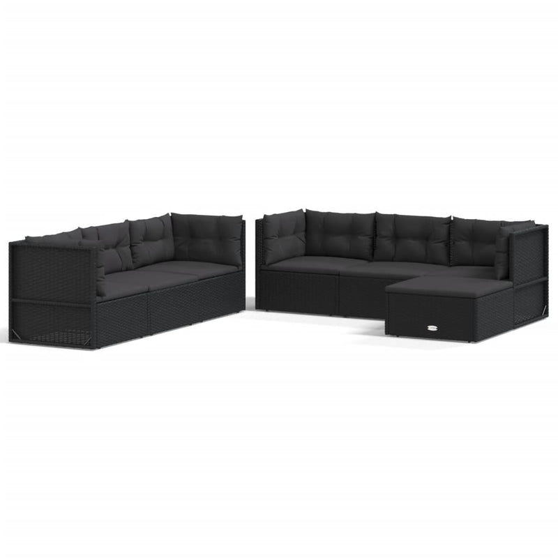 7-delige Loungeset met kussens poly rattan zwart