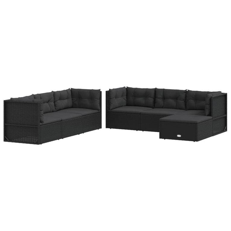 7-delige Loungeset met kussens poly rattan zwart