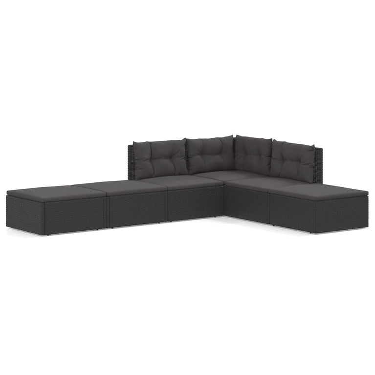 6-delige Loungeset met kussens poly rattan zwart