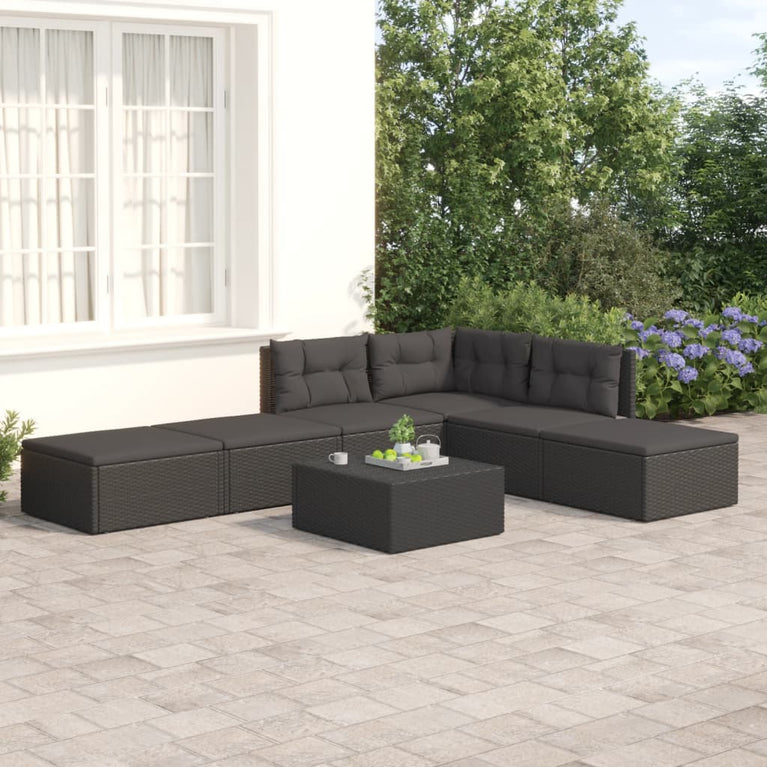 6-delige Loungeset met kussens poly rattan zwart