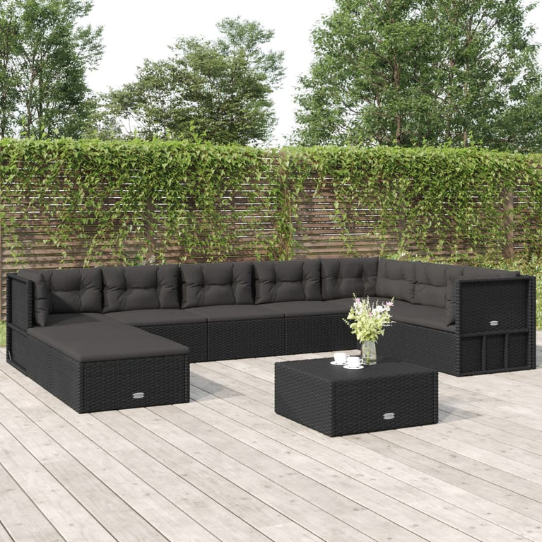 9-delige Loungeset met kussens poly rattan zwart