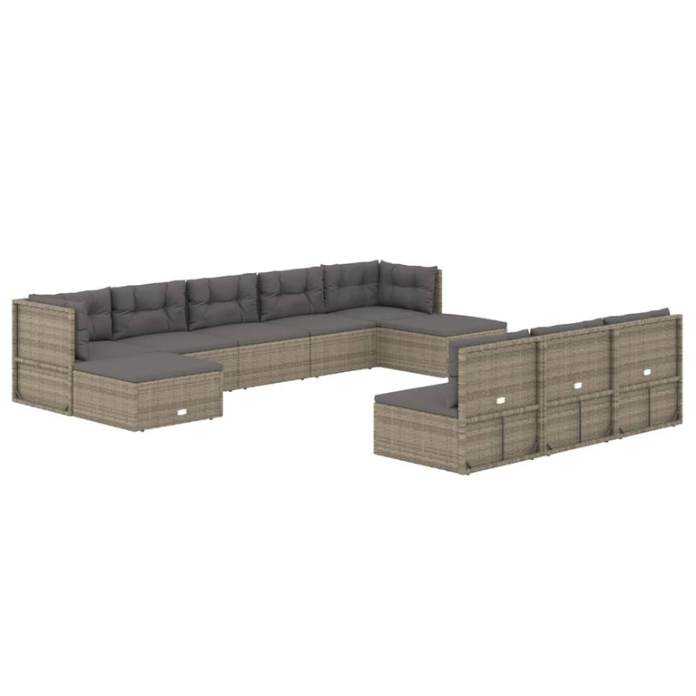 10-delige Loungeset met kussens poly rattan grijs