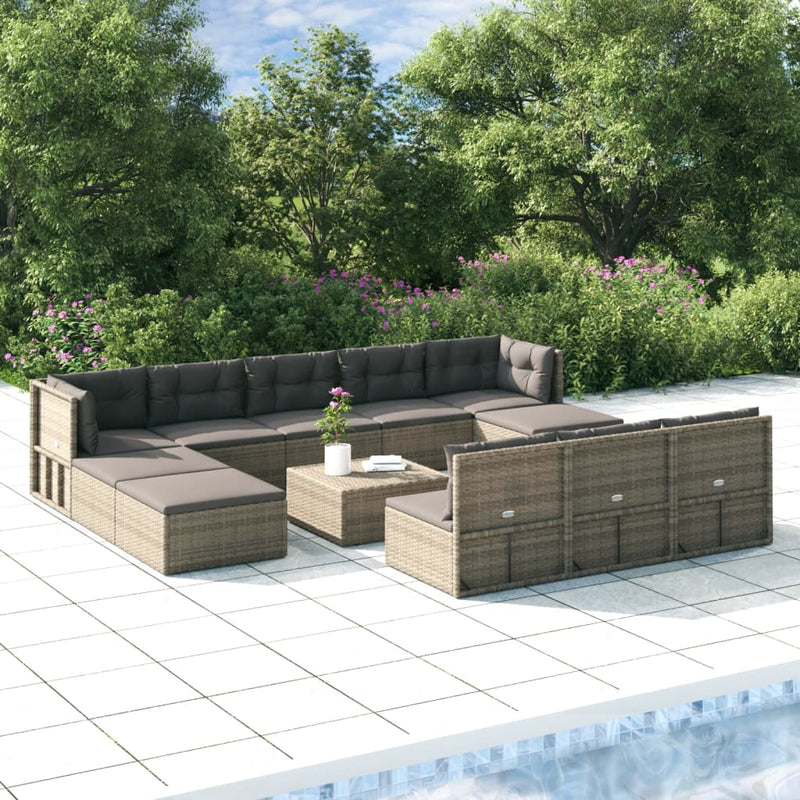 11-delige Loungeset met kussens poly rattan grijs
