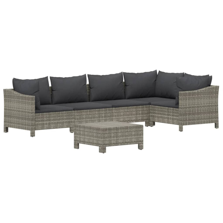 6-delige Loungeset met kussens poly rattan grijs
