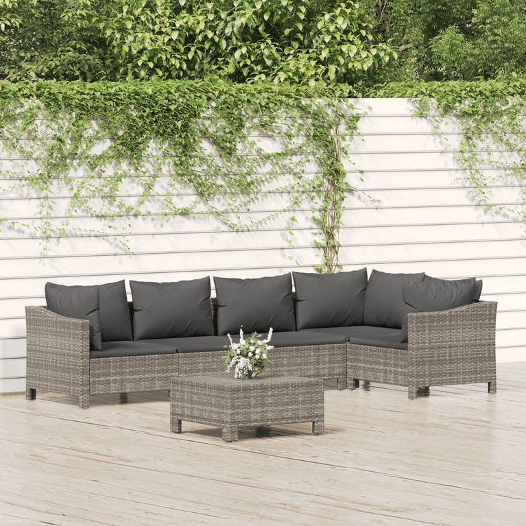 6-delige Loungeset met kussens poly rattan grijs
