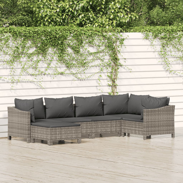 6-delige Loungeset met kussens poly rattan grijs