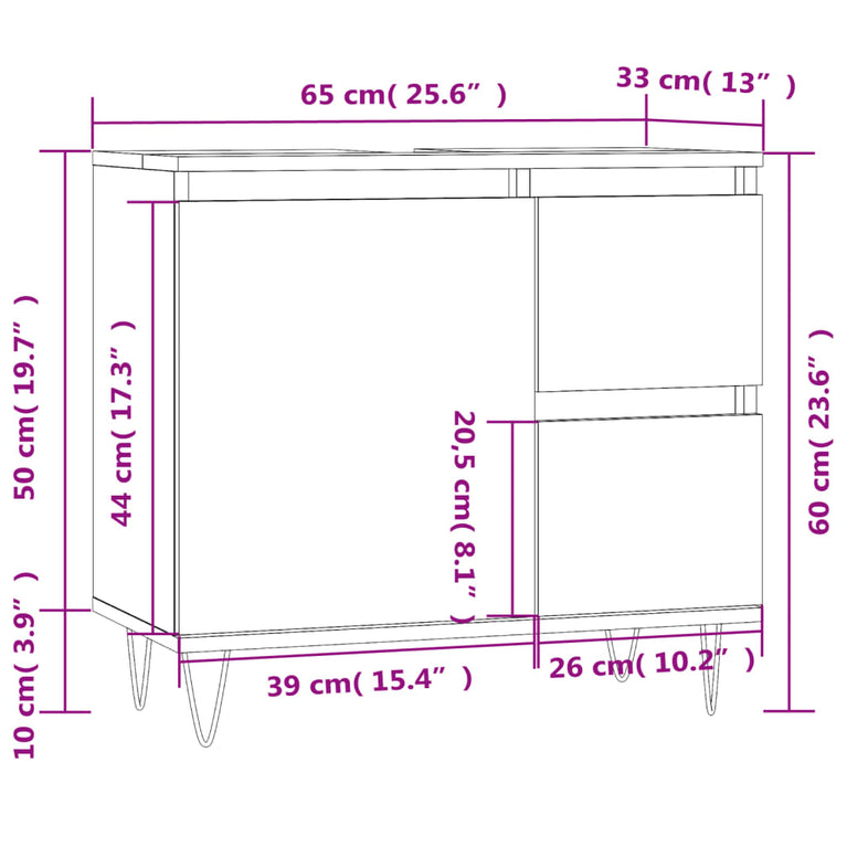 Badkamerkast 65x33x60 cm bewerkt hout hoogglans wit