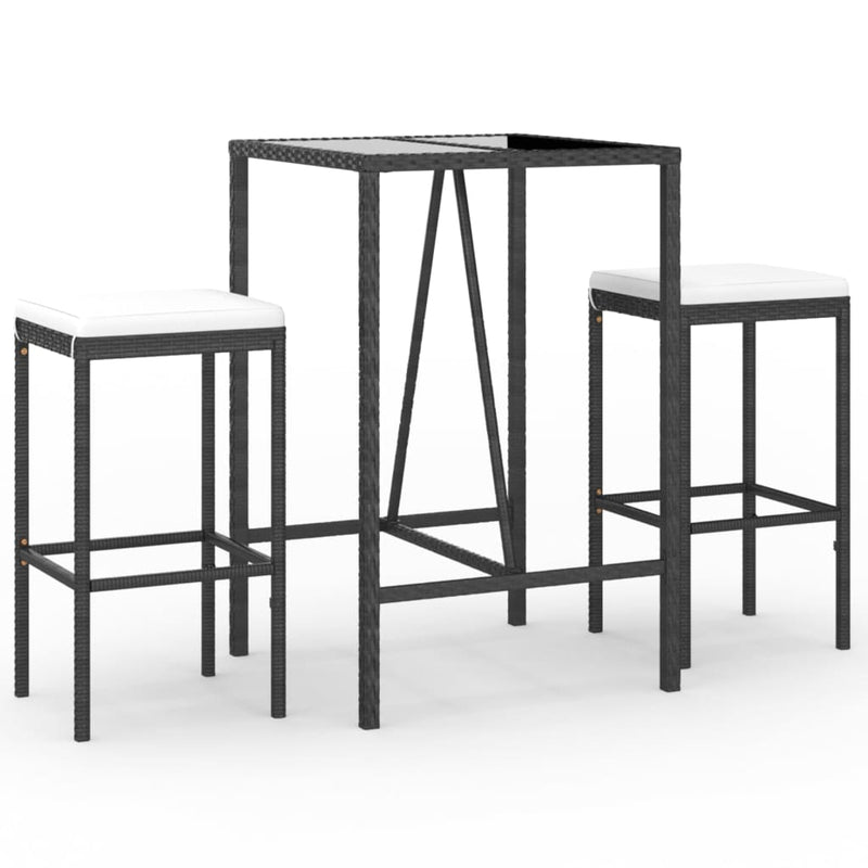 3-delige Tuinbarset met kussens poly rattan zwart
