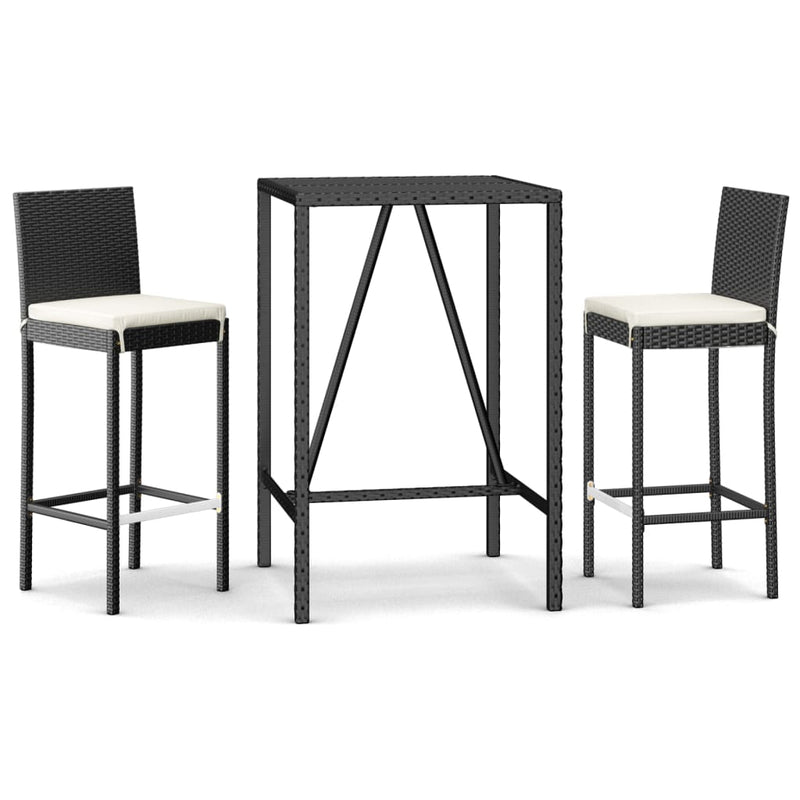 3-delige Tuinbarset met kussens poly rattan zwart