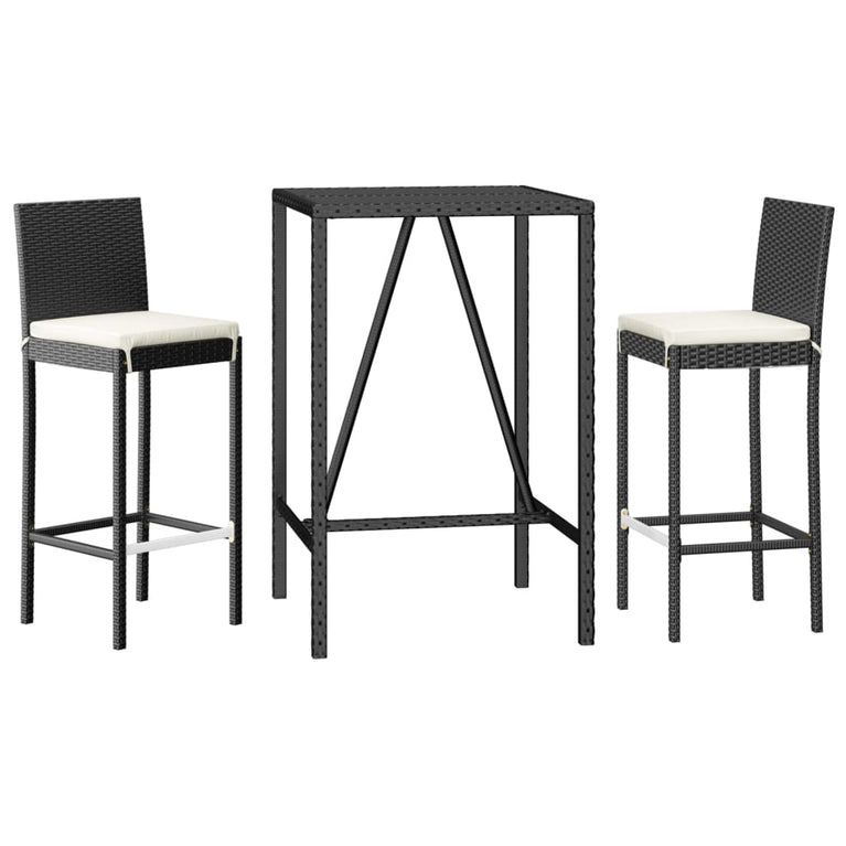 3-delige Tuinbarset met kussens poly rattan zwart
