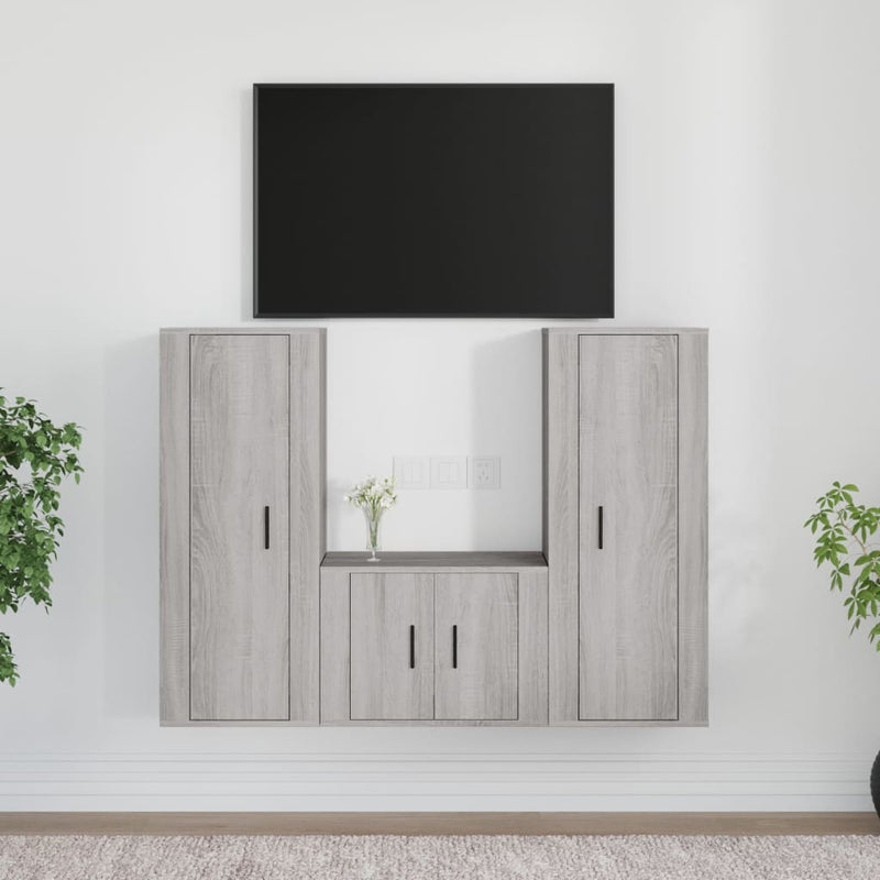 3-delige Tv-meubelset bewerkt hout grijs sonoma eikenkleurig