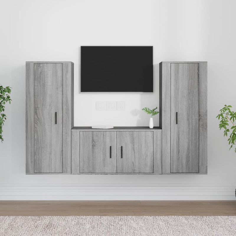 3-delige Tv-meubelset bewerkt hout grijs sonoma eikenkleurig