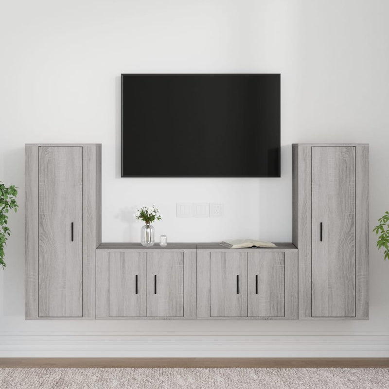 4-delige Tv-meubelset bewerkt hout grijs sonoma eikenkleurig
