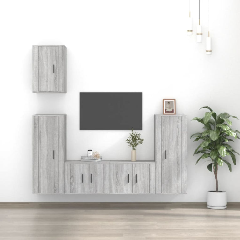 5-delige Tv-meubelset bewerkt hout grijs sonoma eikenkleurig