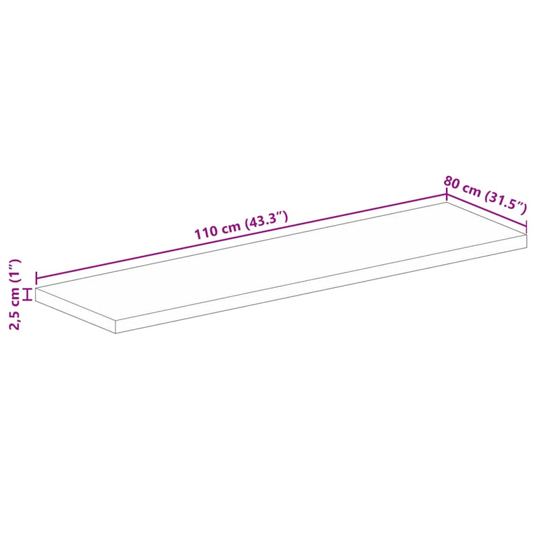 Tafelblad rechthoekig 110x80x2,5 cm massief acaciahout